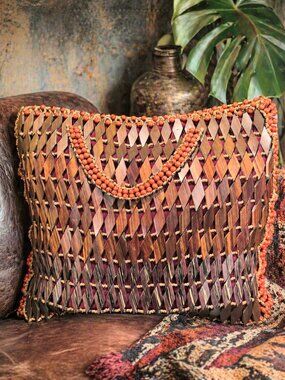 RARE Vintage Tagua Beaded Wooden Handbag Boho Statement Purse Artisian